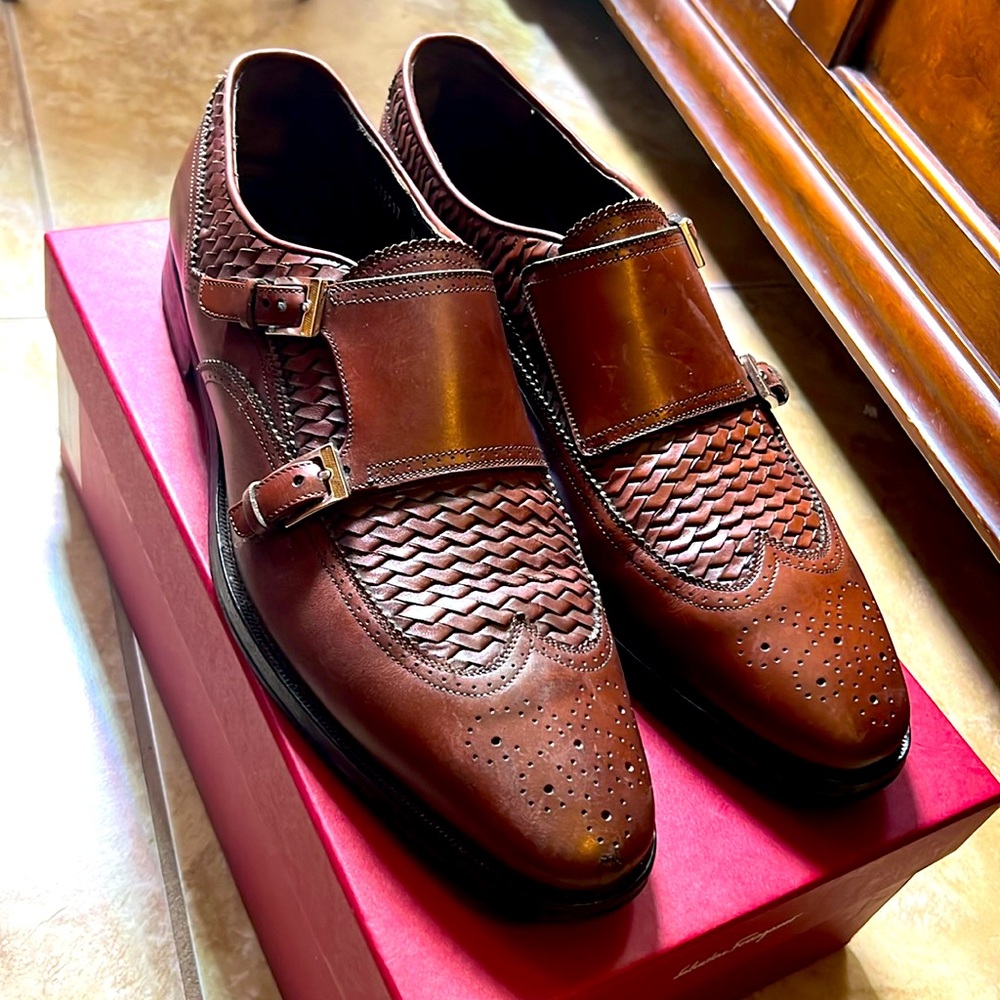 Salvatore Ferragamo Brown Woven Leather Double Monk Strap, Re-Soled, Size 10